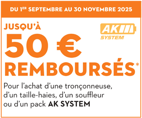 Du 1 septembre au 30 novembre 2025, profitez d'une offre de remboursement Stihl pour l'achat d'une tronçonneuse, d'un taille-haies ou d'un souffleur de la gamme AK.