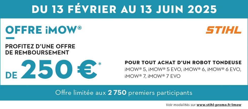 STIHL propose une offre de remboursement de 250 € pour l'achat d'un robot tondeuse iMOW effectué entre le 13 février et le 13 juin 2025 inclus. Cette offre est valable pour les 2 750 premières participations reçues et concerne les modèles suivants : Imow 5, Imow 5 EVO, Imow 6, Imow 6 EVO, Imow 7 et Imow 7 EVO.