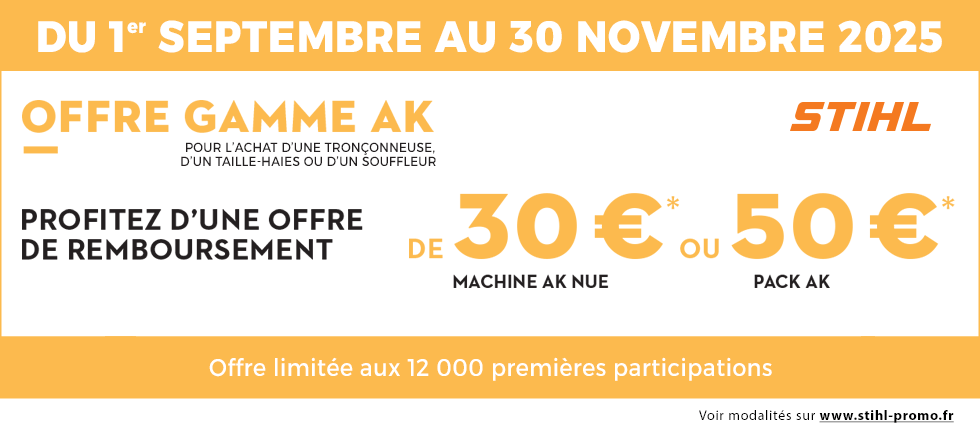Du 1 septembre au 30 novembre 2025, profitez d'une offre de remboursement Stihl pour l'achat d'une tronçonneuse, d'un taille-haies ou d'un souffleur de la gamme AK.