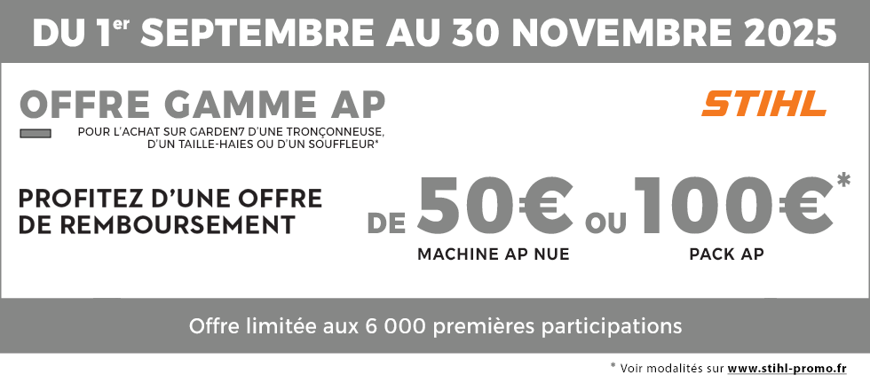Du 1 septembre au 30 novembre 2025, profitez d'une offre de remboursement Stihl pour l'achat d'une tronçonneuse, d'un taille-haies ou d'un souffleur de la gamme AP.