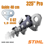 Chaîne pour tronçonneuses thermiques Stihl, demi-ronde, 62 maillons, pas de 325", jauge 1,3, longueur du guide 40 cm.